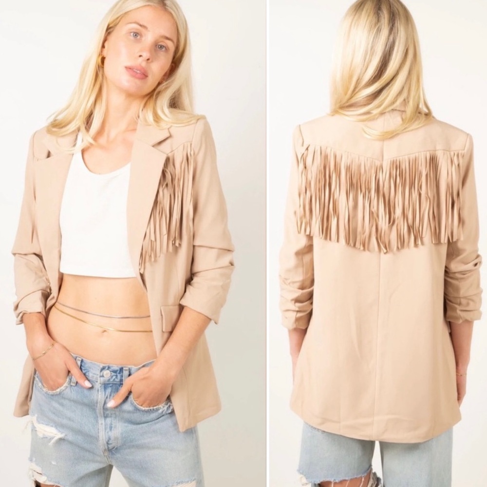 Animari Chloe Fringe Boyfriend Blazer in Irish Cream